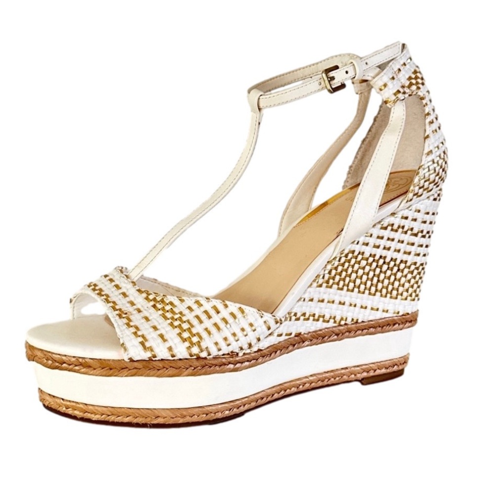Guess Gace Platform Wedge Sandal 10 Metallic Gold and White Woven T-Straps